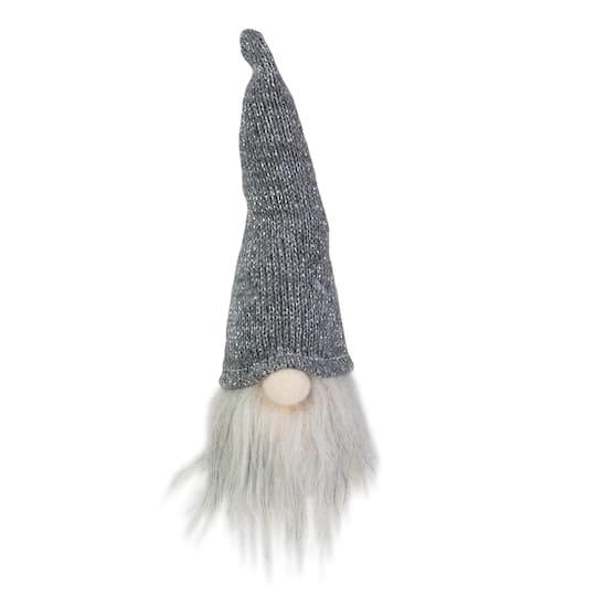 8&#x22; Metallic Gray Knit Gnome Head LED Ornament
